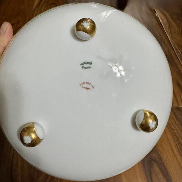 Haviland LIMOGES Footed Round Serving Bowl White Gold Trim Three Toed - Picture 3 of 6